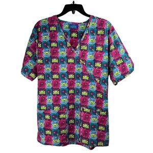 Women's Carol's Scrub Top Frogs Toads Size Small Tie Back 2 Front Pockets